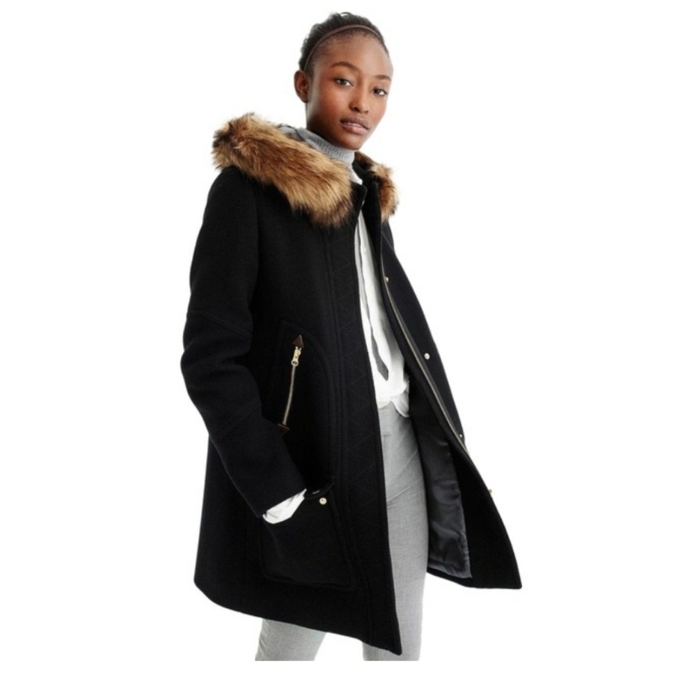 J Crew Womens Black Italian Wool Chateau Parka with Faux Fur Trim Size 0